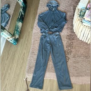 ALO Velour Glimmer steel blue Full Zip Hoodie and High waist pants set -Small